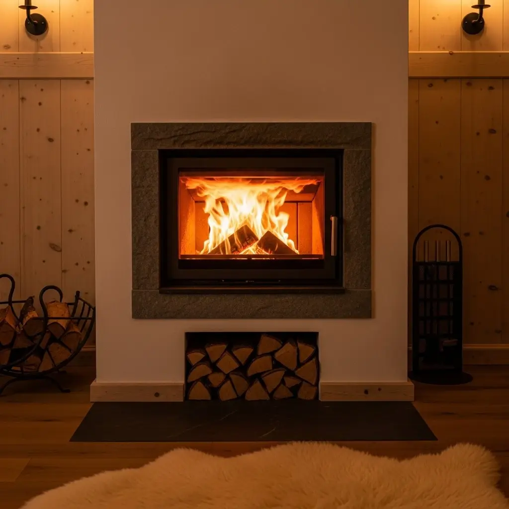 Cheminée à bois dans un intérieur chaleureux