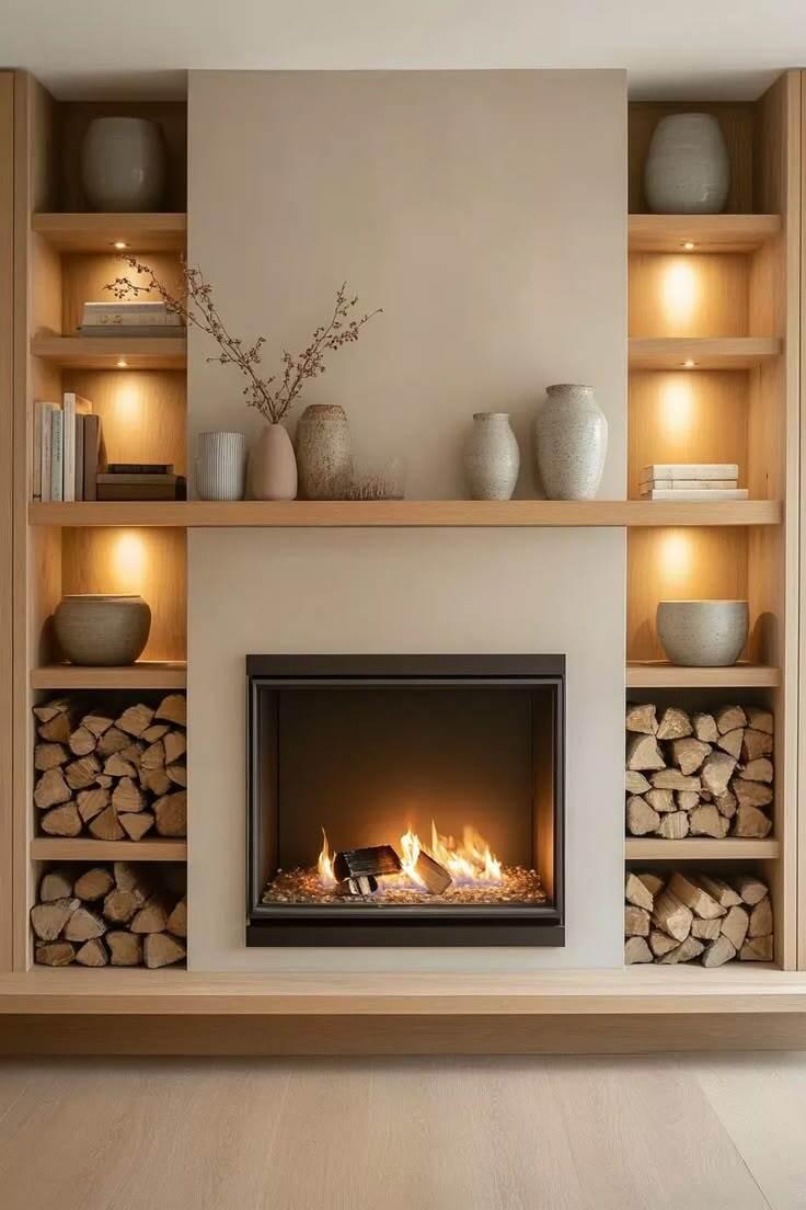 Salon chaleureux avec un insert à bois moderne